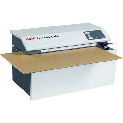 ProfiPack C400 firmy HSM: Maszyna do przetwarzania kartonów, wyposażona w elementy sterujące i szczeliny wejściowe do wprowadzania kartonu.