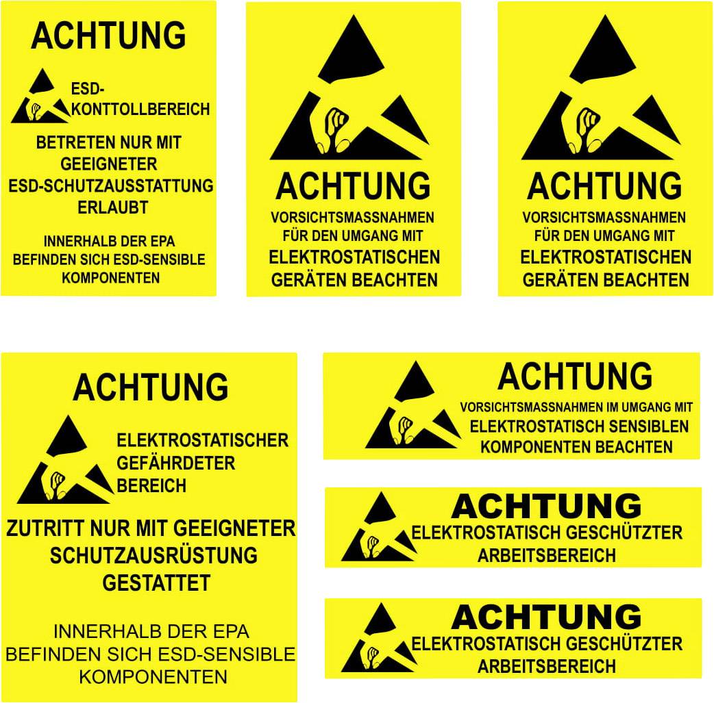 Tablice ostrzegawcze dla stref zagrożenia elektrostatycznego. Żółte z czarnym symbolem. Wskazówki ostrożności dotyczące ochrony podzespołów.