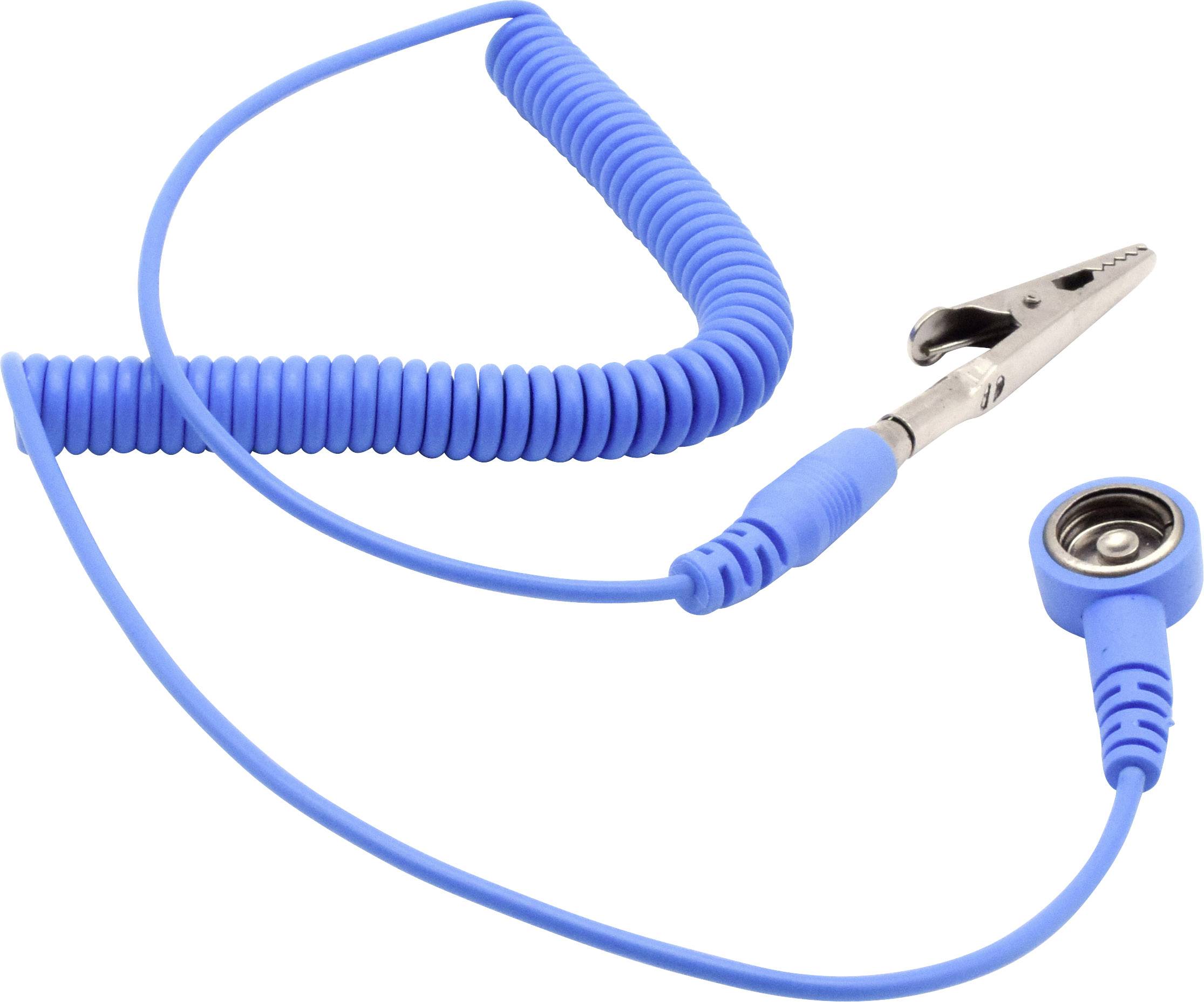 Niebieskie, spiralne przewód uziemiający z klipsem krokodylkowym i złączem zatrzaskowym, najczęściej stosowane do ochrony przed elektrycznością statyczną.