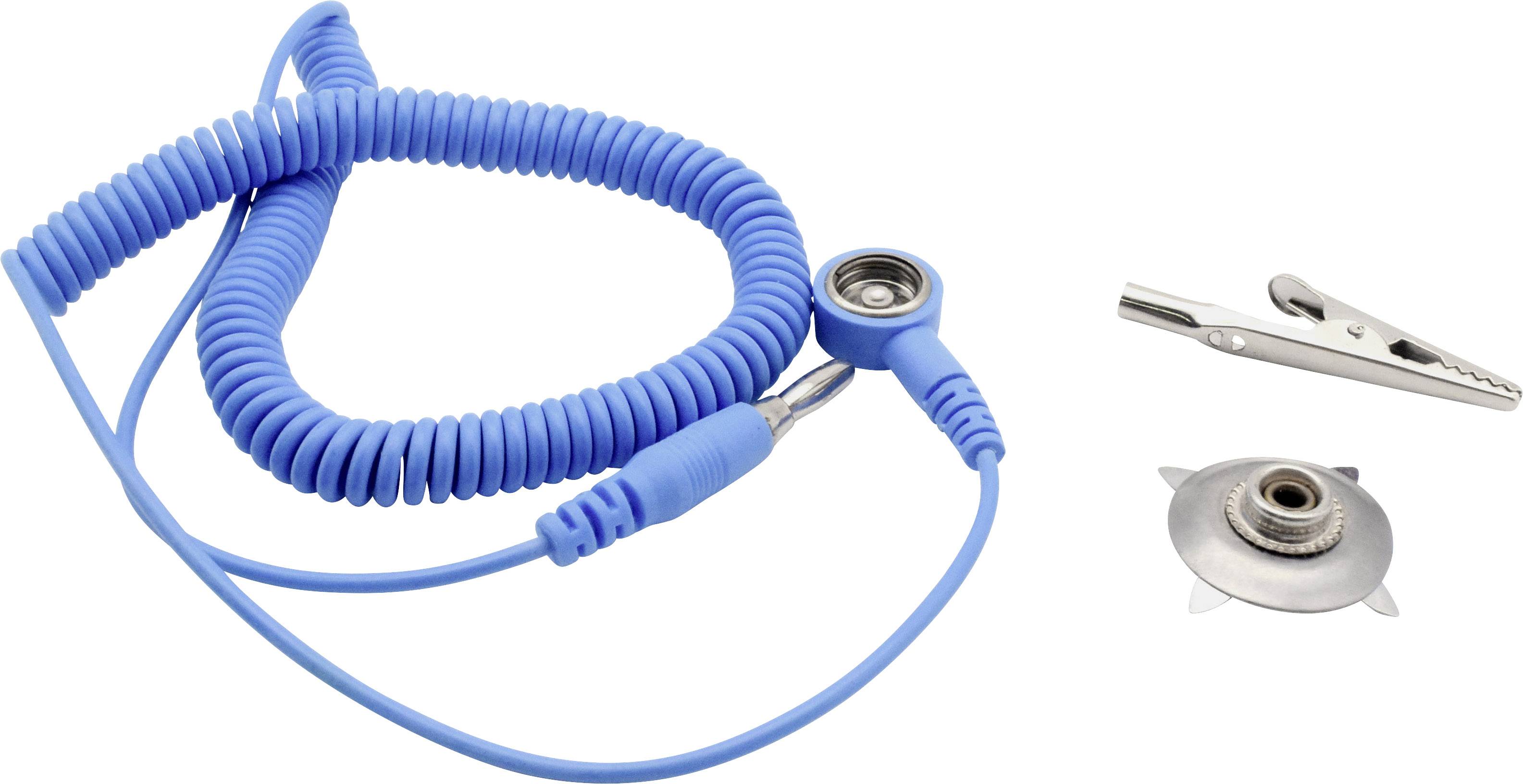 Niebieskie spiralne kabel uziemiający z klipsem i metalowym guzkiem, stosowany do odprowadzania ładunków elektrostatycznych w zastosowaniach elektronicznych.