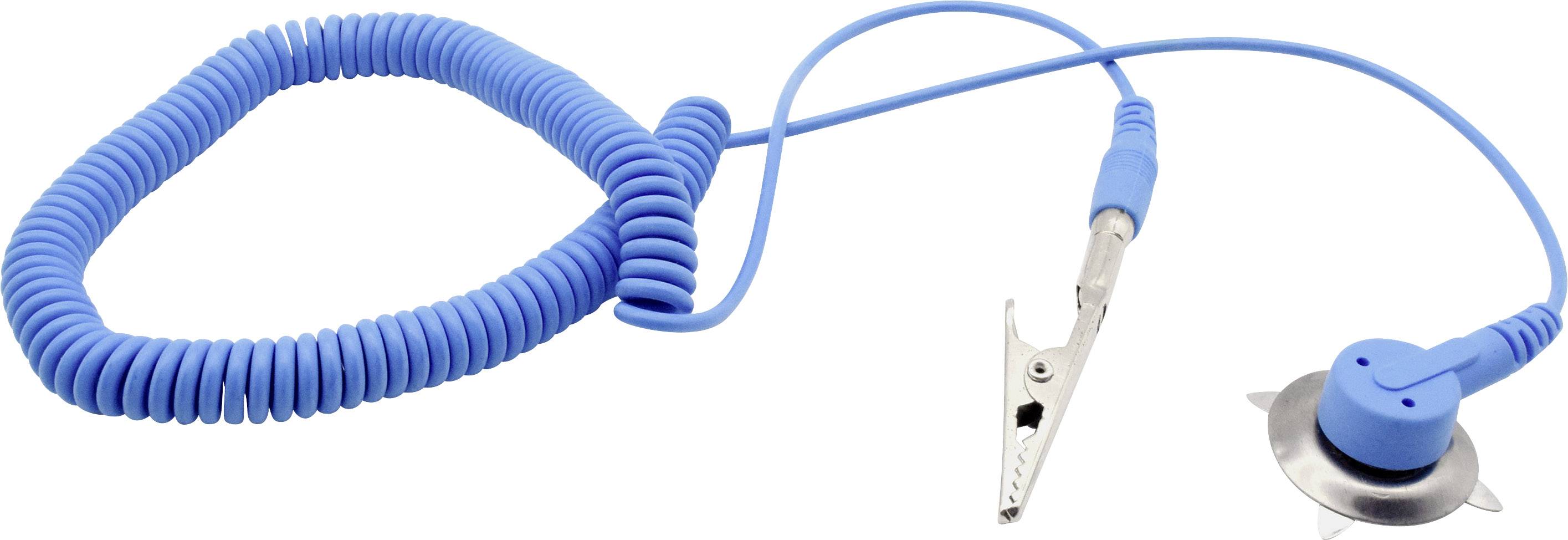 Jasnoniebieska opaska antystatyczna z przewodem spiralnym i zaciskiem krokodylkowym. Służy do odprowadzania ładunków elektrostatycznych podczas pracy z elektroniką.
