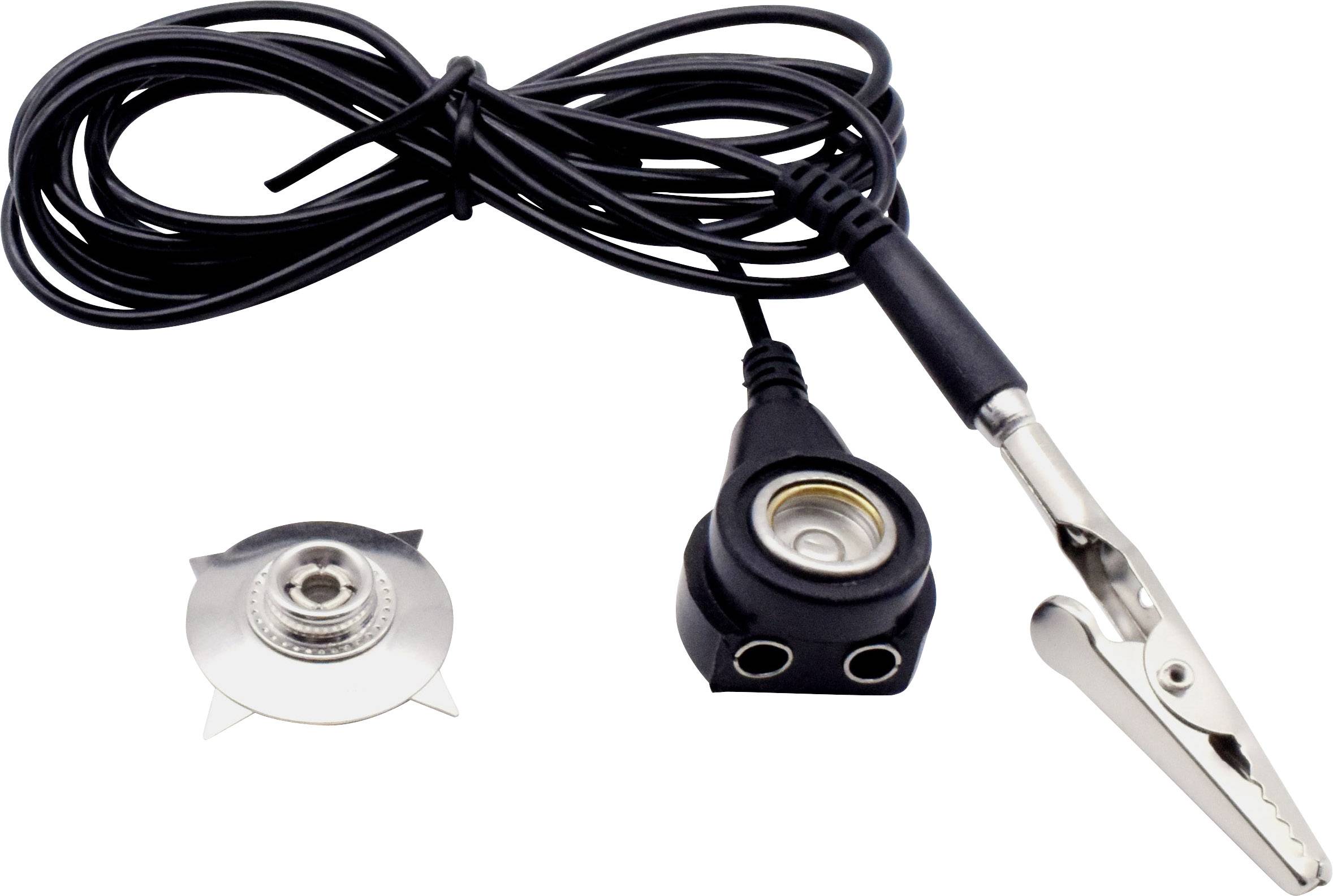 Czarny kabel z metalowym zaciskiem i czujnikiem, odpowiedni do monitorowania temperatury lub połączeń elektrycznych.