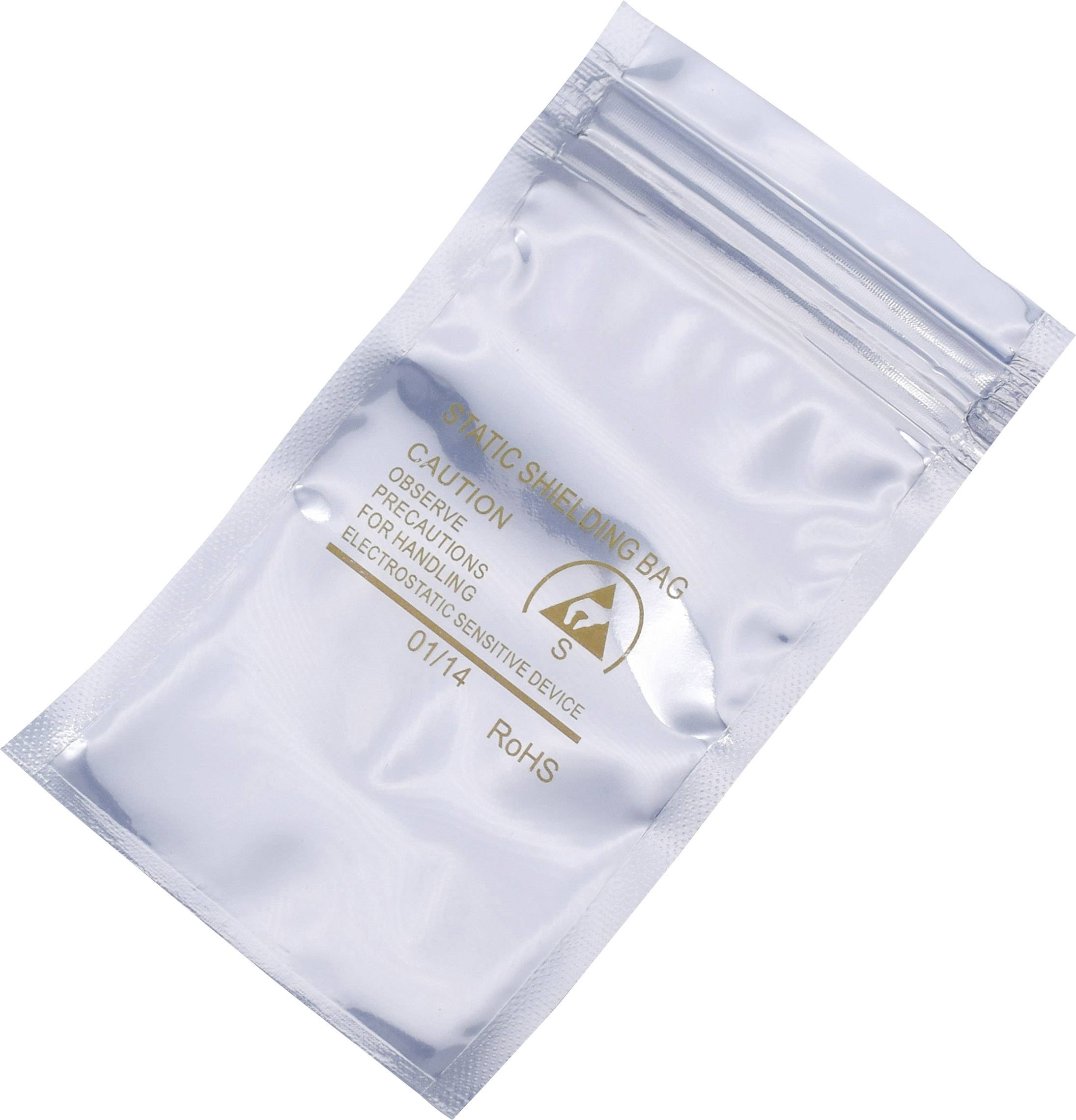 Antystatyczny pokrowiec ochronny z nadrukiem 'Static Shielding Bag', 'Uwaga' oraz instrukcjami bezpieczeństwa dotyczącymi postępowania z urządzeniami elektronicznymi.