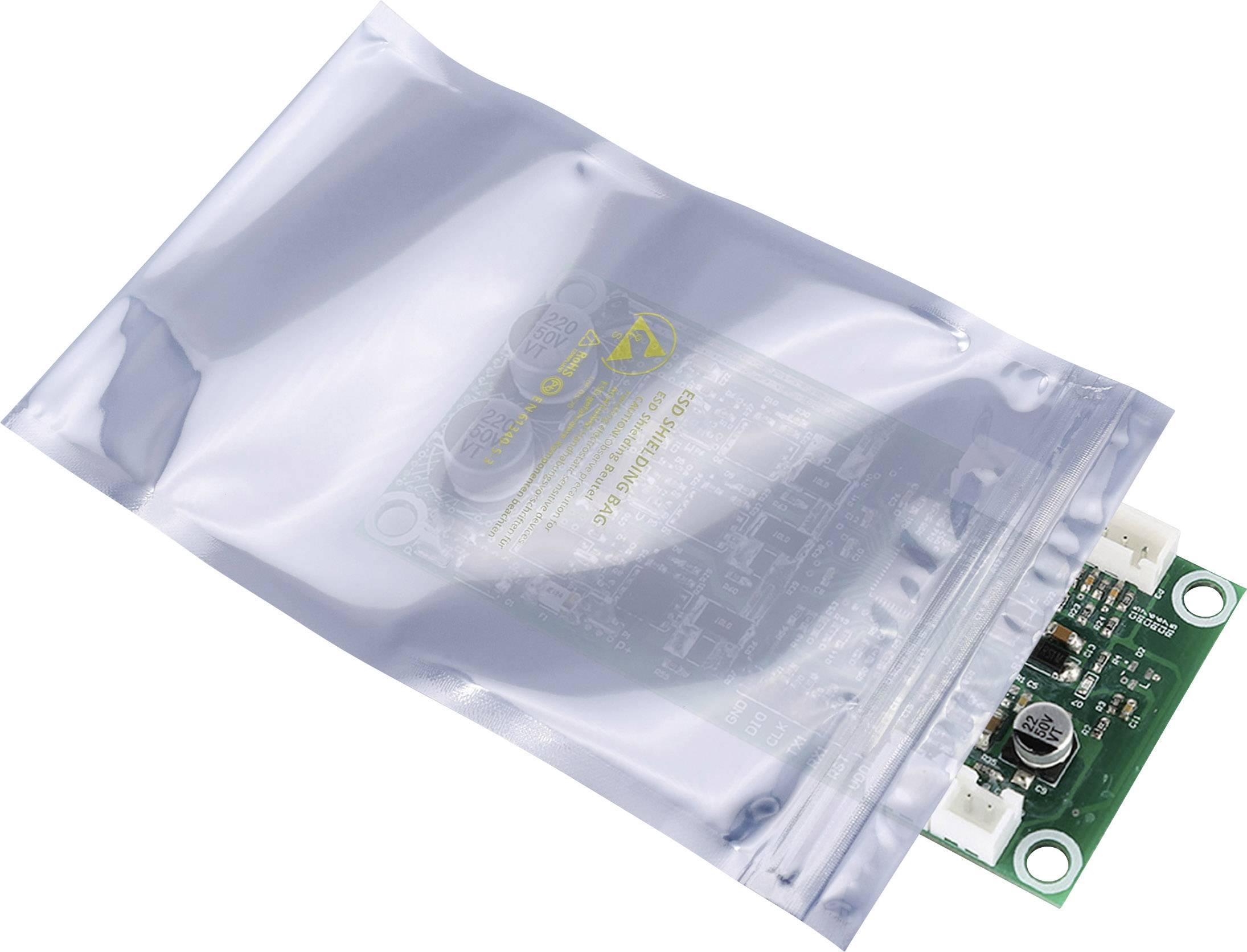 Podzespół elektroniczny w opakowaniu antystatycznym. Fragment obwodu jest częściowo widoczny przez przezroczystą folię.