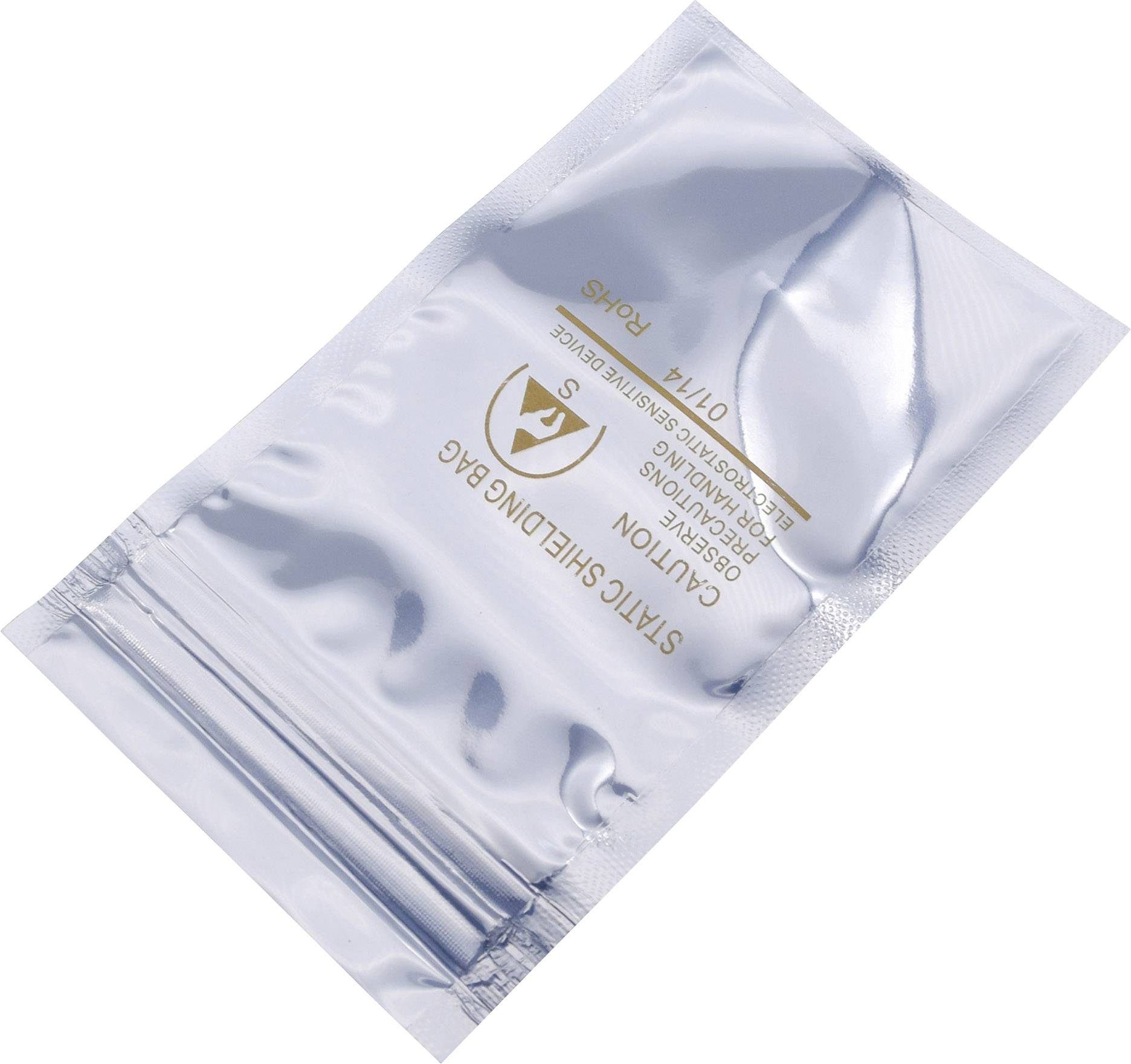 Antystatyczna torba pakowa z symbolami ostrzegawczymi, chroniąca podzespoły elektroniczne przed wyładowaniami elektrostatycznymi.