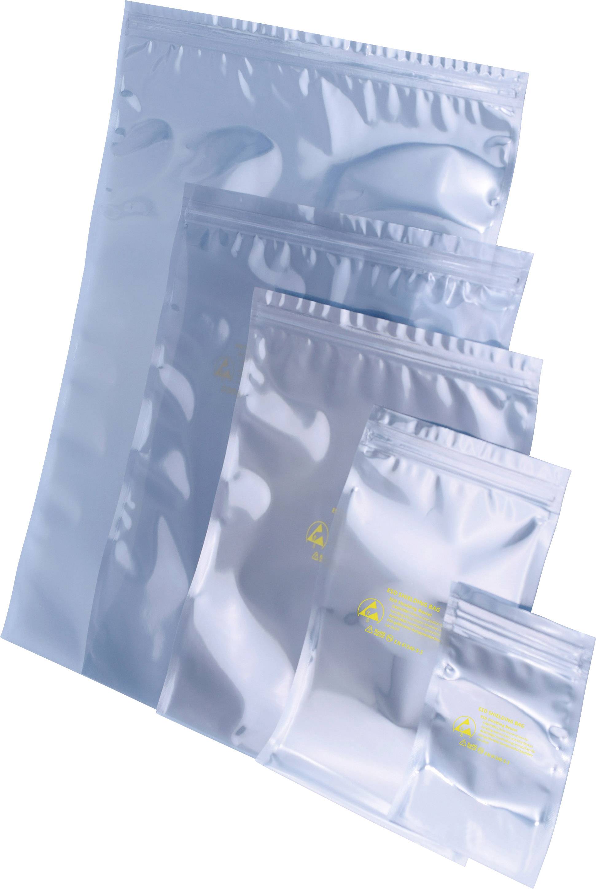 Pięć srebrnych antystatycznych woreczków w różnych rozmiarach, ułożonych jeden na drugim. Woreczki są zadrukowane symbolem recyklingu i tekstem informacyjnym.