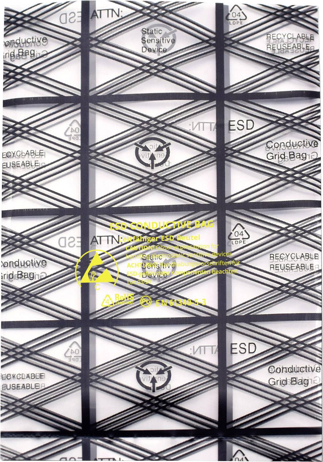 Antystatyczny worek z oznaczeniami bezpieczeństwa i ostrzeżeniami przeznaczony dla wrażliwych elementów elektronicznych.