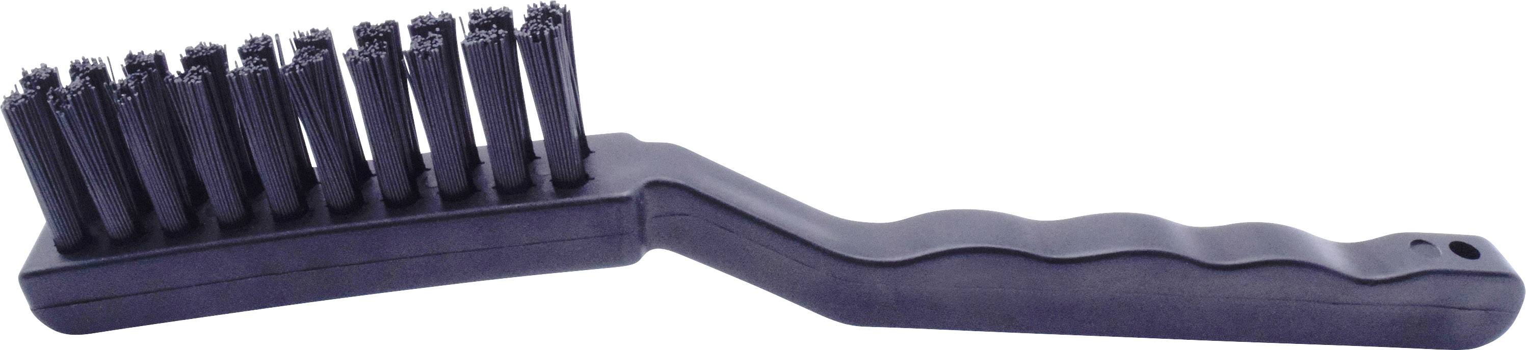 Czarna szczotka do czyszczenia z krótkimi, twardymi włoskami i ergonomicznym uchwytem, odpowiednia do bardziej intensywnych prac porządkowych.