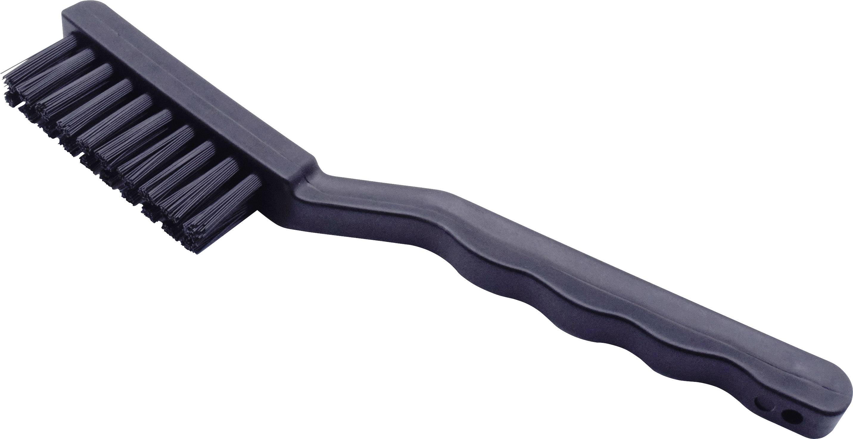 Czarna szczotka do czyszczenia z długą, ergonomicznie ukształtowaną rączką i gęstym włosiem, używana do utrzymania czystości i pielęgnacji.