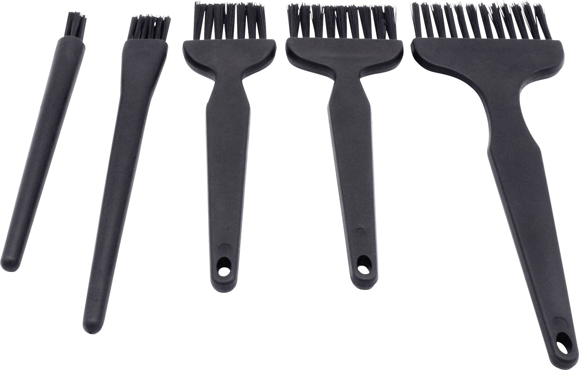 Pięć czarnych pędzli o różnych rozmiarach, wszystkie z plastikowym uchwytem i włosiem, ułożone obok siebie w rzędzie.