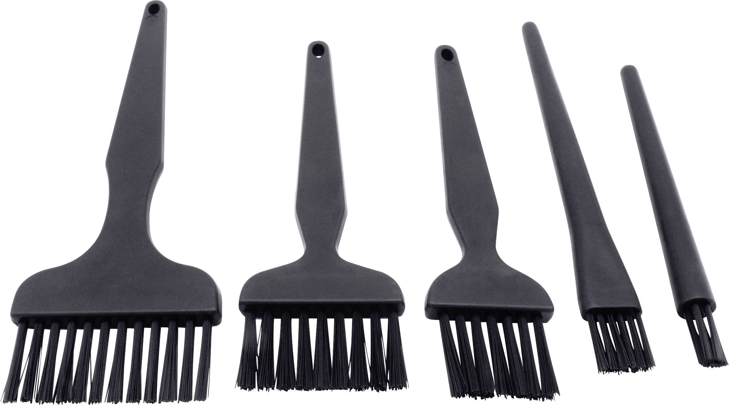 Pięć czarnych pędzli do grilla w różnych rozmiarach ułożonych obok siebie na białym tle.