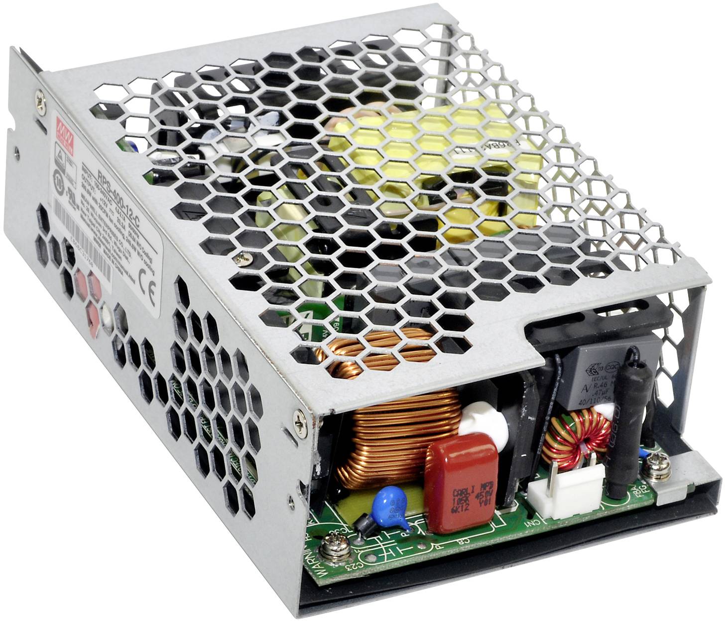 Metalowa obudowa zasilacza impulsowego z kratką o strukturze plastra miodu. Widoczne komponenty: kondensatory, cewki, radiator.