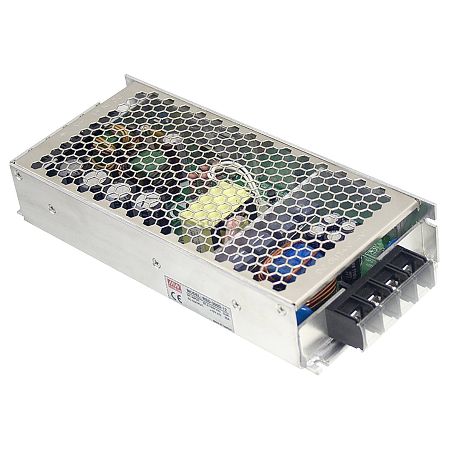 Zasilacz w metalowej obudowie z kratką wentylacyjną, widoczne są kondensatory i cewki, odpowiedni do urządzeń elektronicznych.