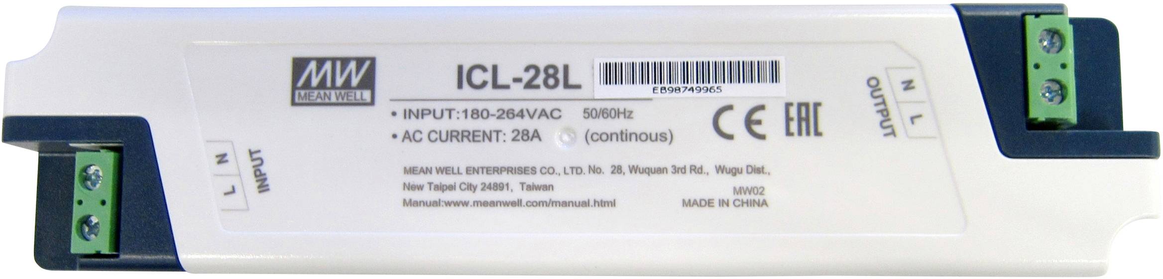 Zasilacz sieciowy model ICL-28L firmy MW, przeznaczony do zasilania napięciem 180-264V AC, 50/60 Hz, o natężeniu prądu 2A. Certyfikowany zgodnie z normami CE i EAC.