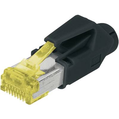 Żółty wtyk RJ45 otoczony czarnym plastikiem służy do podłączania kabli Ethernet w sieciach komputerowych.