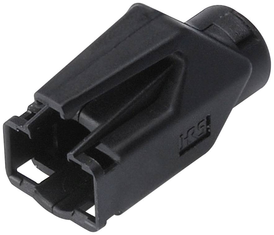 Czarny wtyk z tworzywa sztucznego o kształcie prostokątnym, posiadający gwint wewnętrzny do połączeń elektrycznych.