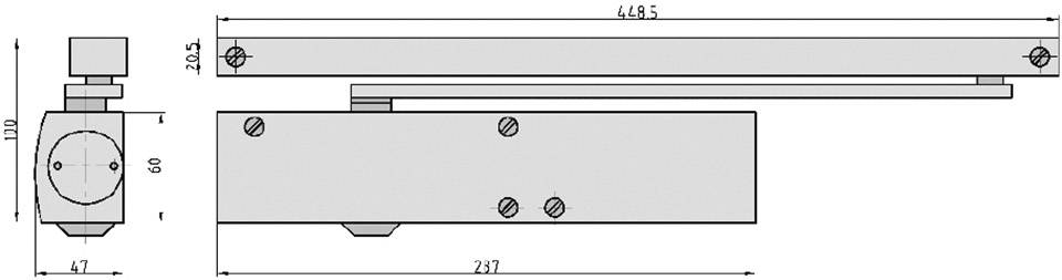 Rysunek techniczny samozamykacza drzwiowego z dokładnymi wymiarami w milimetrach: długość 448,5 mm, wysokość 110 mm, szerokość 80 mm.
