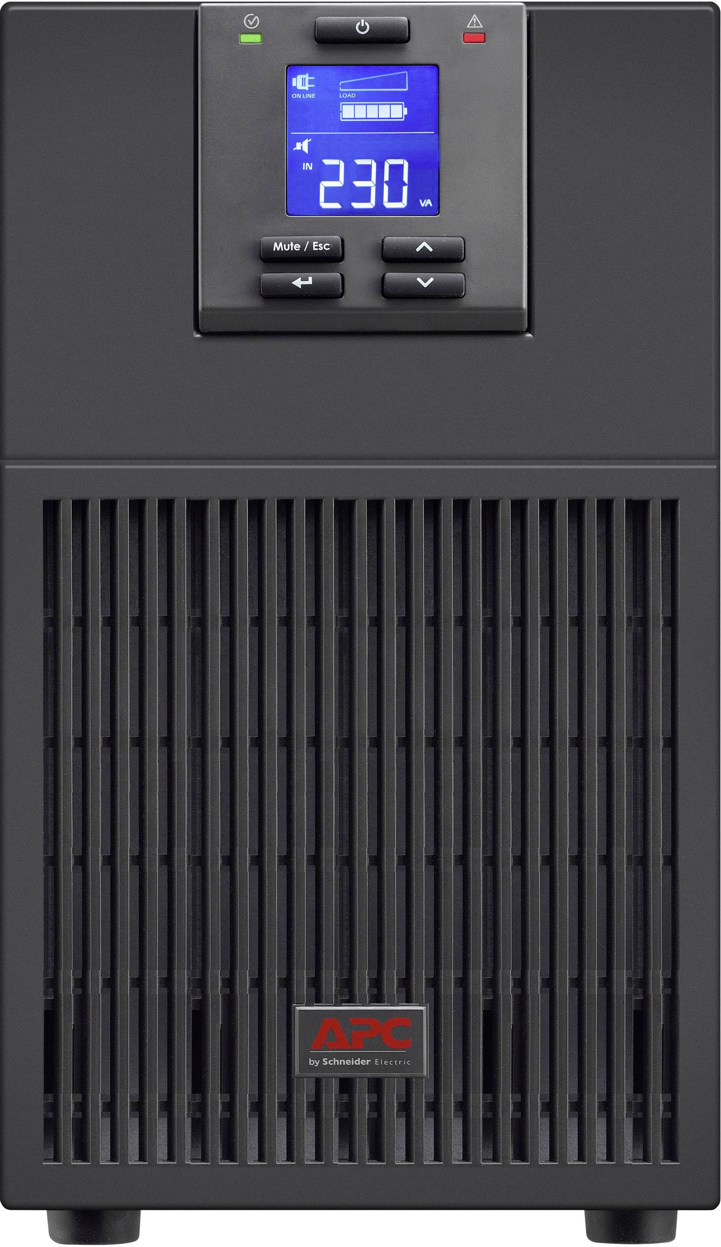 Urządzenie UPS z wyświetlaczem cyfrowym wskazuje 230 V. Nazwa marki APC widoczna u dołu. Funkcja zapewnienia ciągłości zasilania.