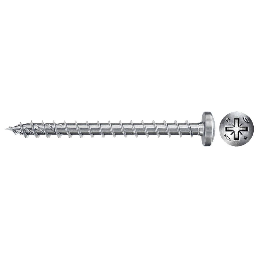 Pojedynczy wkręt metalowy z łbem krzyżowym, ułożony poziomo.