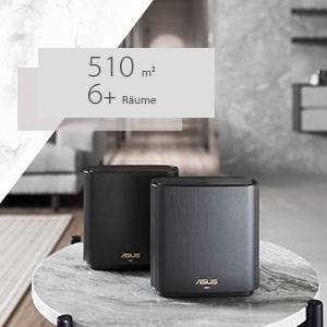 Dwa czarne routery ASUS Wi-Fi stoją na okrągłym stole w nowoczesnym salonie. Wskazówka informuje: '510 m², 6+ pomieszczeń'.