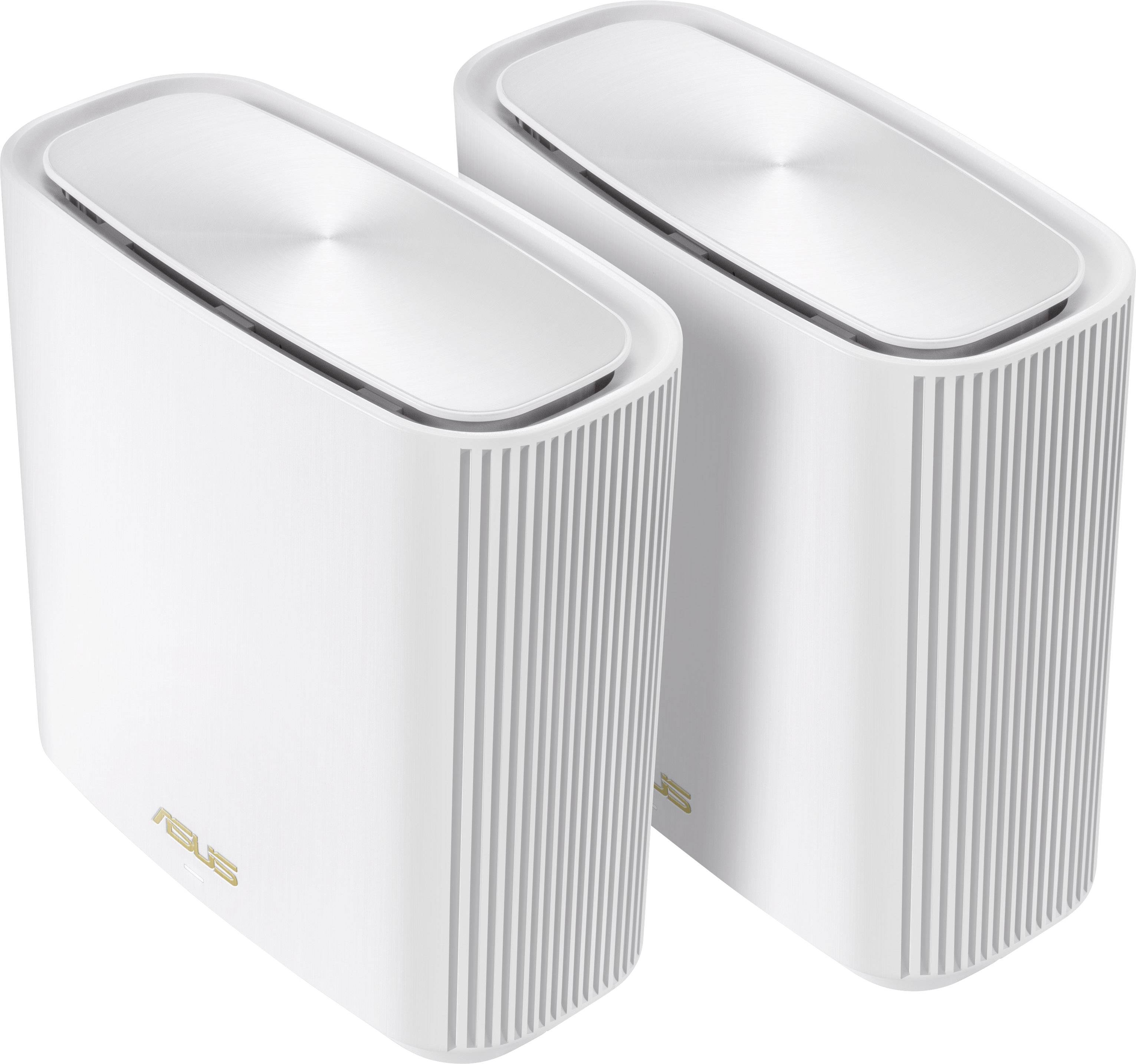 Dwa białe urządzenia ASUS z Wi-Fi stoją obok siebie, prezentując nowoczesny design z zaokrąglonymi krawędziami i otworami wentylacyjnymi.