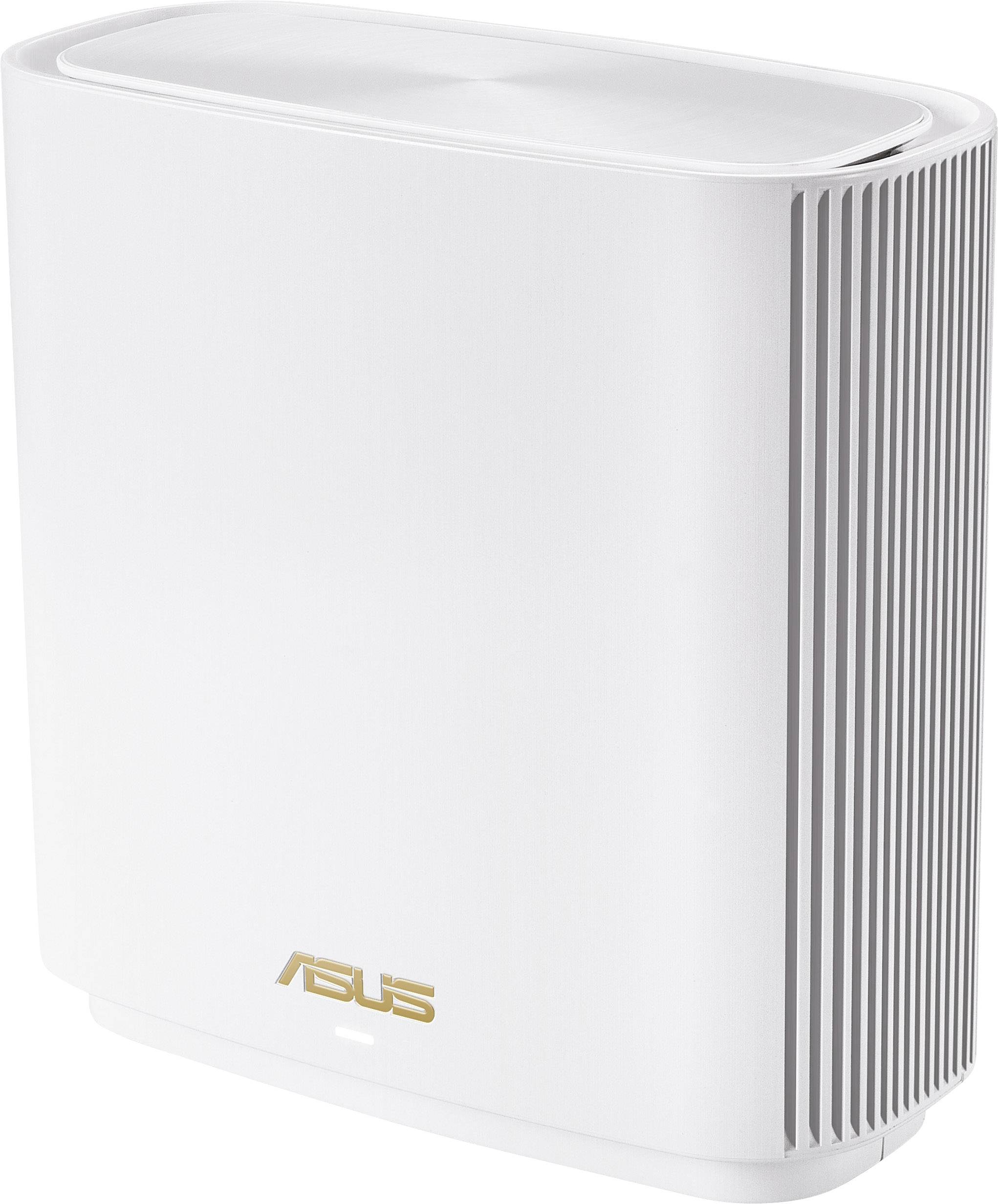 Biały, prostokątny router z pionowymi otworami wentylacyjnymi po bokach i złotym logo na dole.
