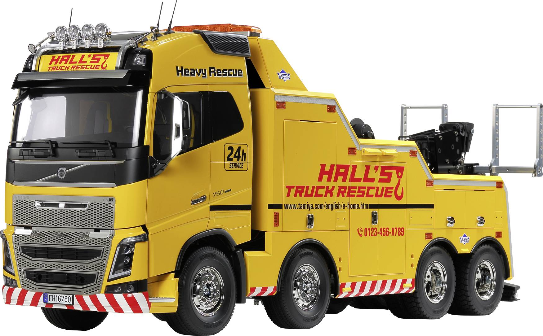 Żółty ciężki samochód holowniczy z czerwonym napisem 'Hall's Truck Rescue', numerem telefonu i adresem strony internetowej, gotowy do akcji.