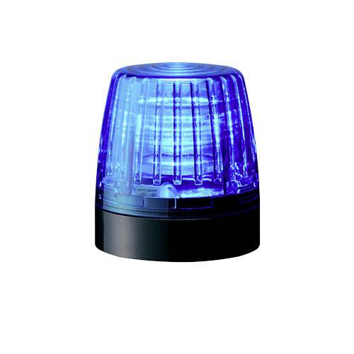 Niebieska lampa błyskowa na czarnej podstawie, używana w pojazdach policyjnych lub ratowniczych.