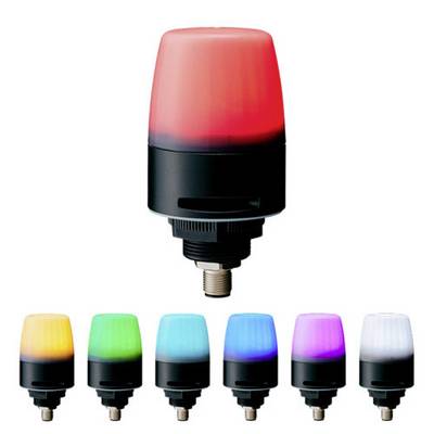 Lampa sygnalizacyjna w kolorze czerwonym, z sześcioma dodatkowymi opcjami kolorystycznymi poniżej: pomarańczowy, żółty, zielony, niebieski, jasnobłękitny i biały.