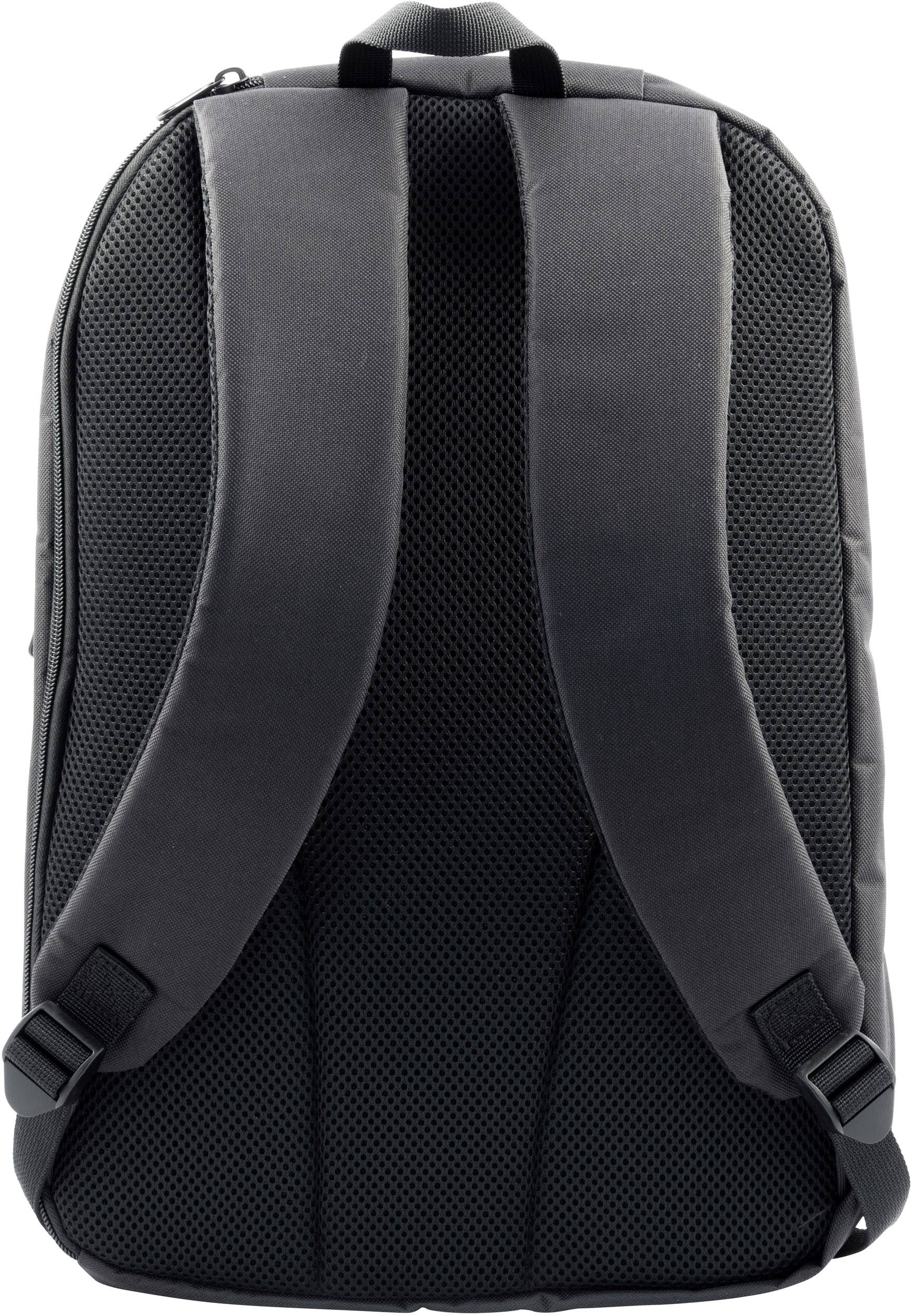 Czarny plecak z wyściełanymi paskami i oddychającą tylną ścianką.