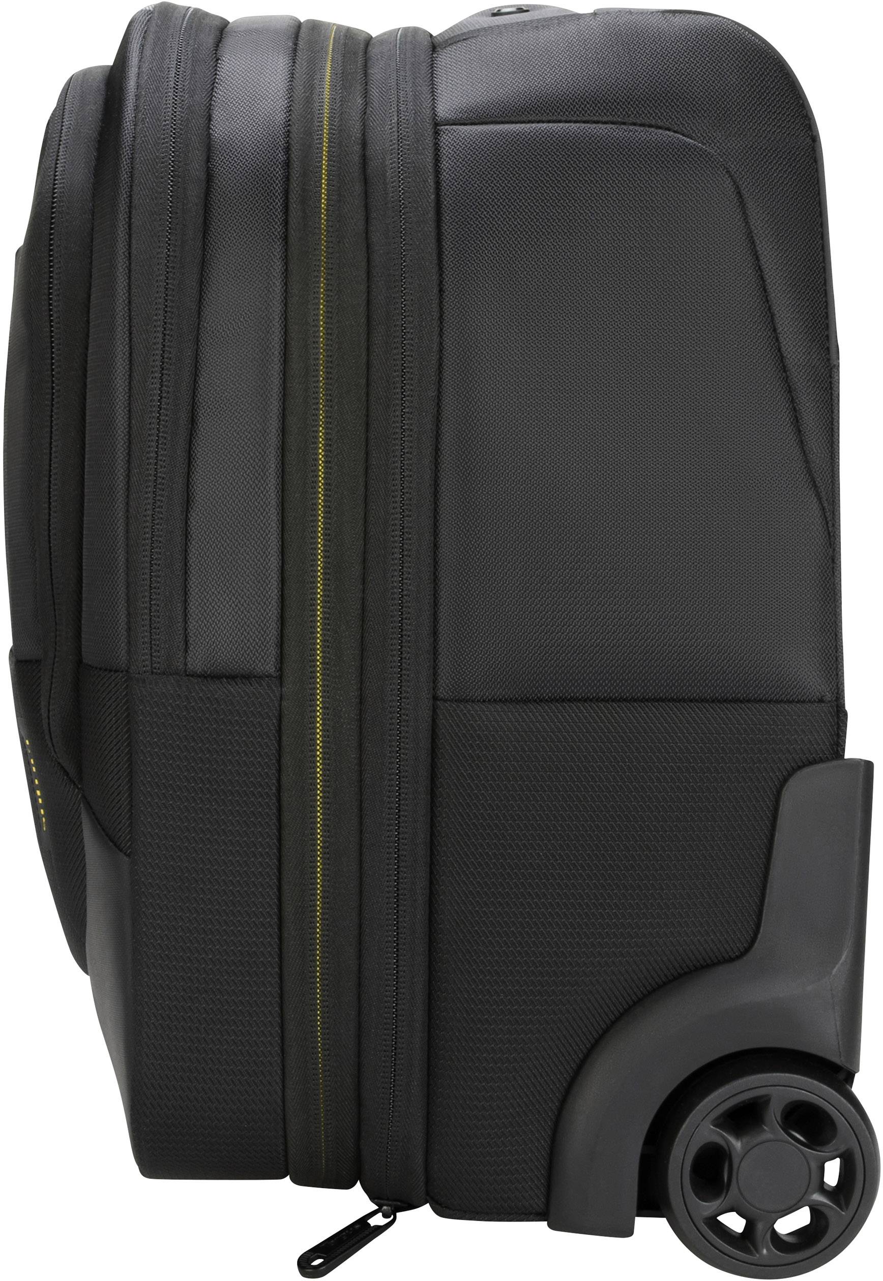 Czarny walizka na kółkach z dwoma kółkami, widok z boku. Kompaktowa i wytrzymała, odpowiednia do podróży służbowych lub turystycznych.