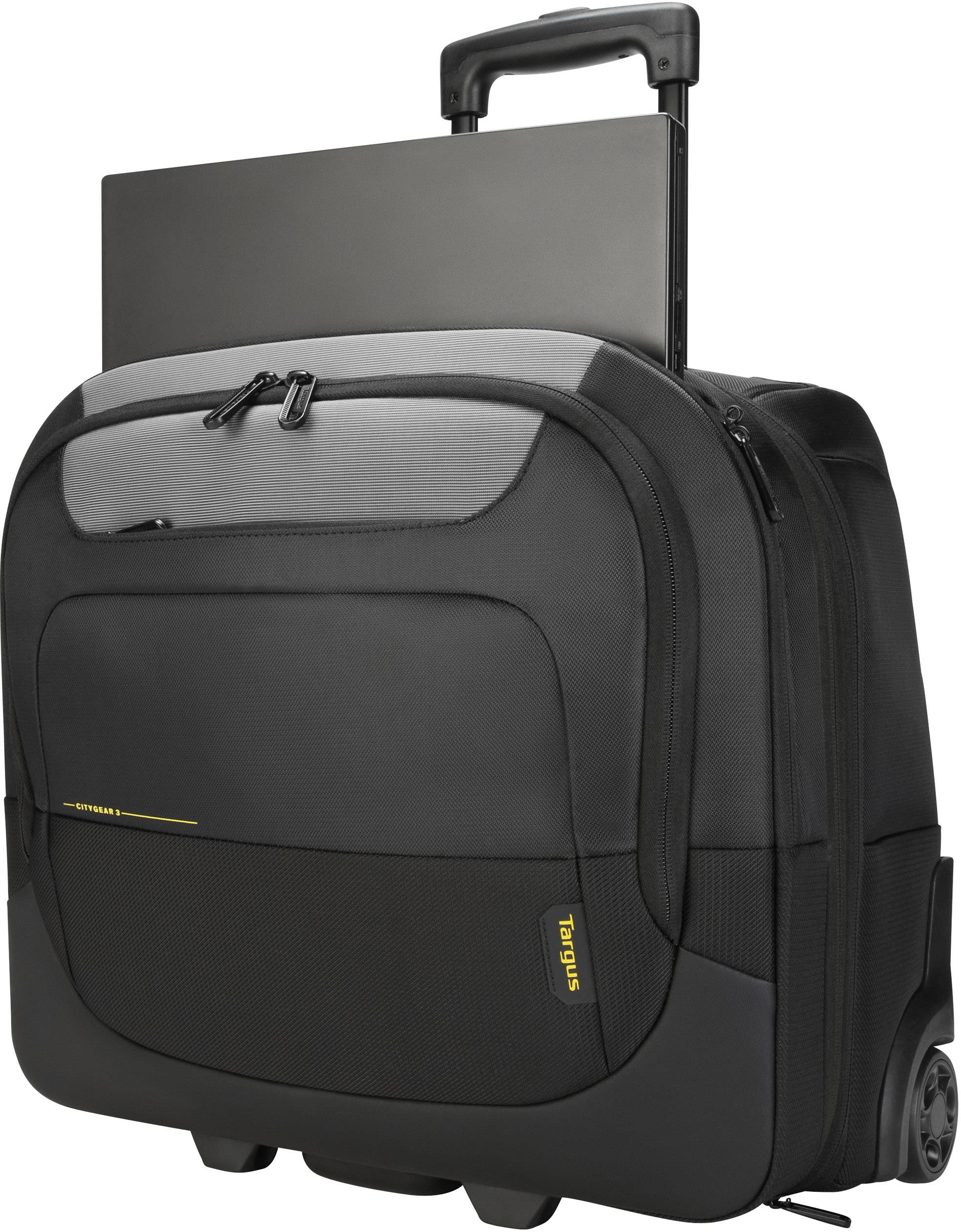 Czarny walizka na kółkach z wysuwaną rączką, kieszenią na laptopa i różnymi zamykanymi przegródkami. Idealna do podróży lub podróży służbowych.