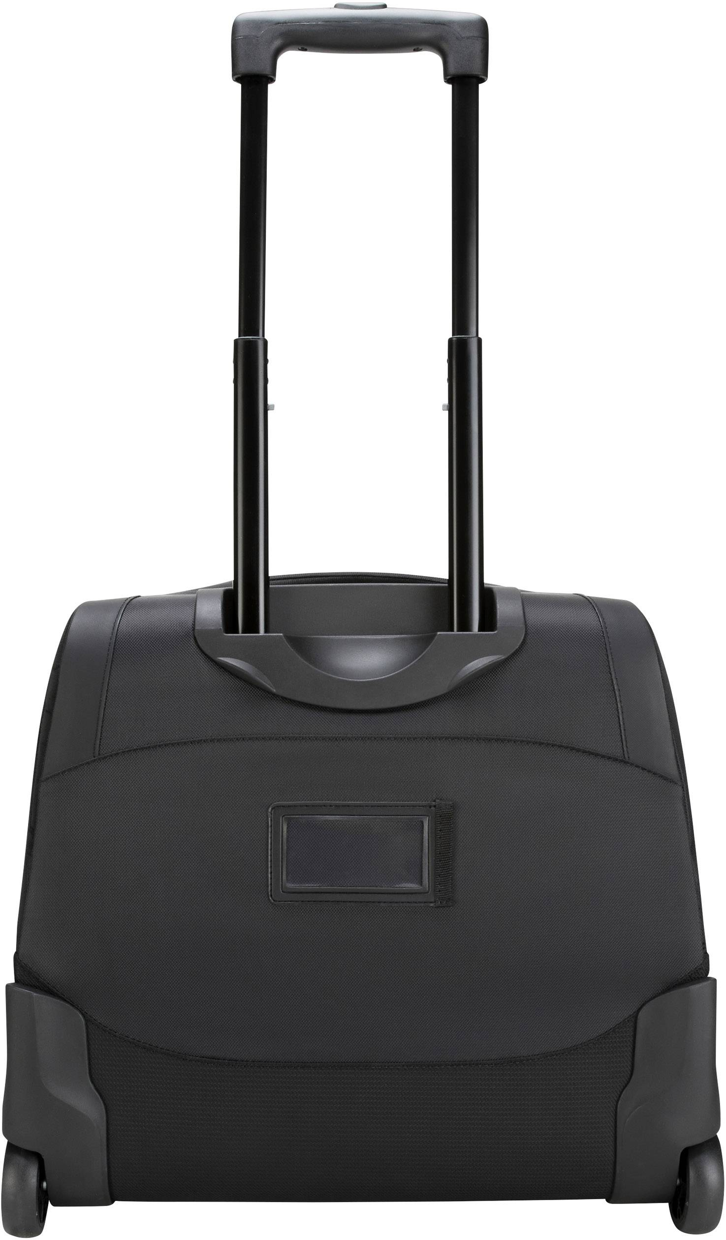 Czarny walizka na kółkach z dwoma kołami, chowanym uchwytem teleskopowym i kieszenią z przodu.