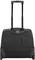 Czarny walizka na kółkach z dwoma kołami, chowanym uchwytem teleskopowym i kieszenią z przodu.