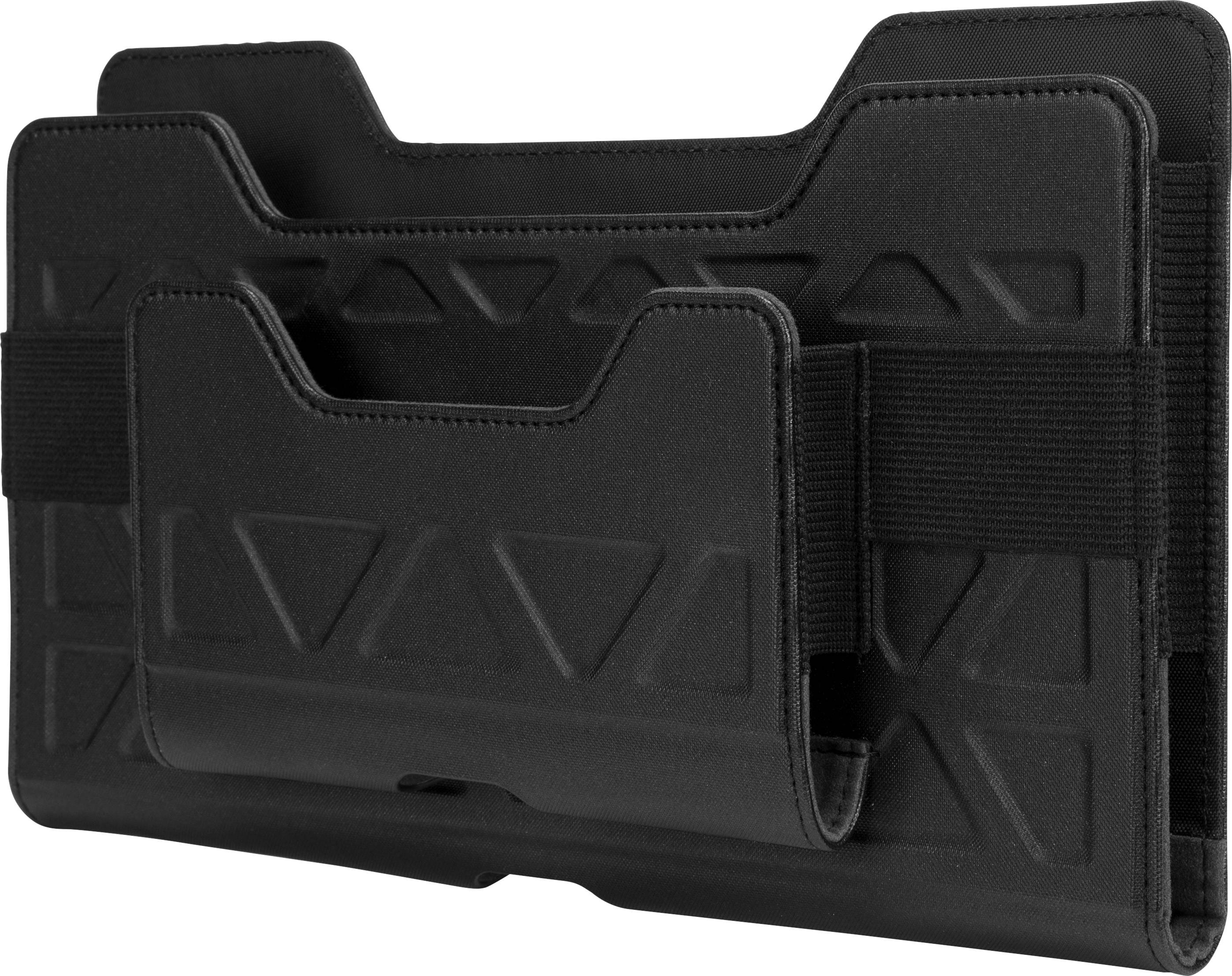 Czarna osłona ochronna do przenośnego urządzenia, wyposażona w zapięcia gumowe i rzepowe, odpowiednia do transportu i przechowywania.