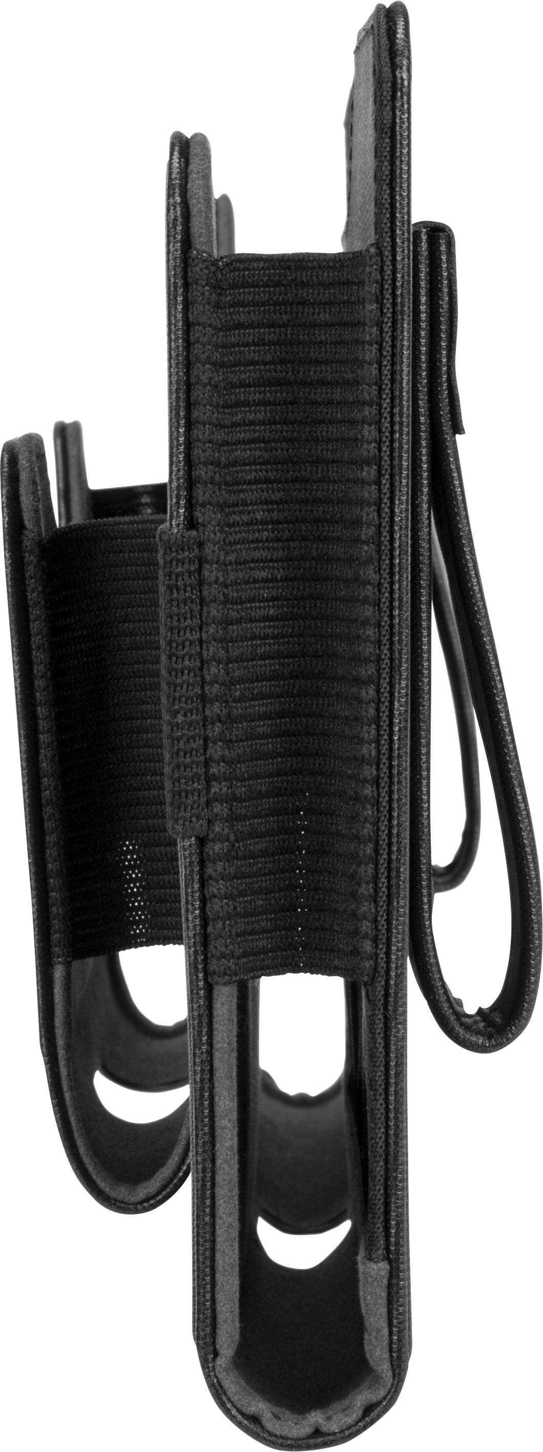 Czarne plastikowe etui z elastycznymi paskami, widok z boku. Zaprojektowane do narzędzi lub urządzeń, z łatwym dostępem.