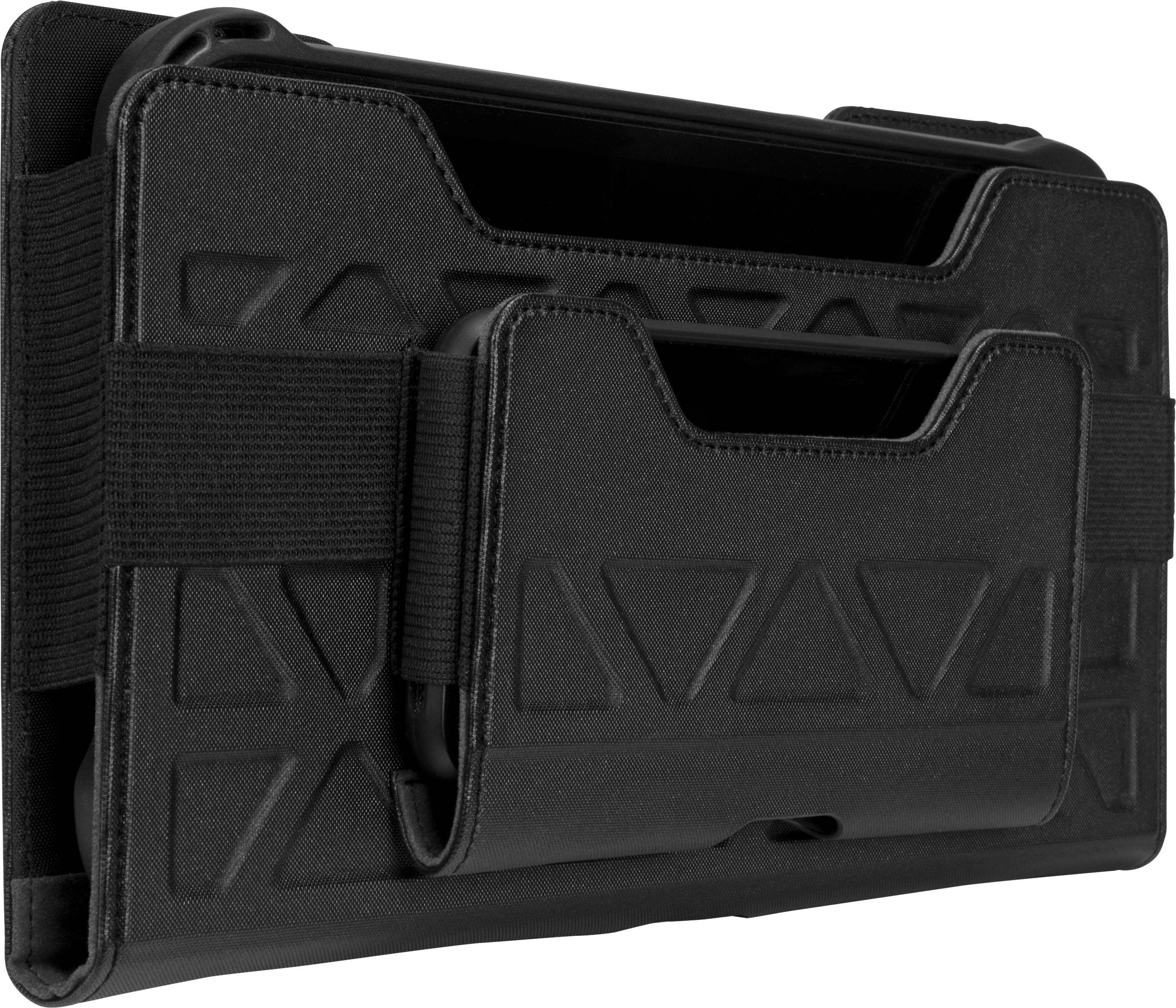 Czarna obudowa do tabletu z elastycznymi paskami, która zapewnia ochronę i stabilność, ozdobiona geometrycznym wzorem.