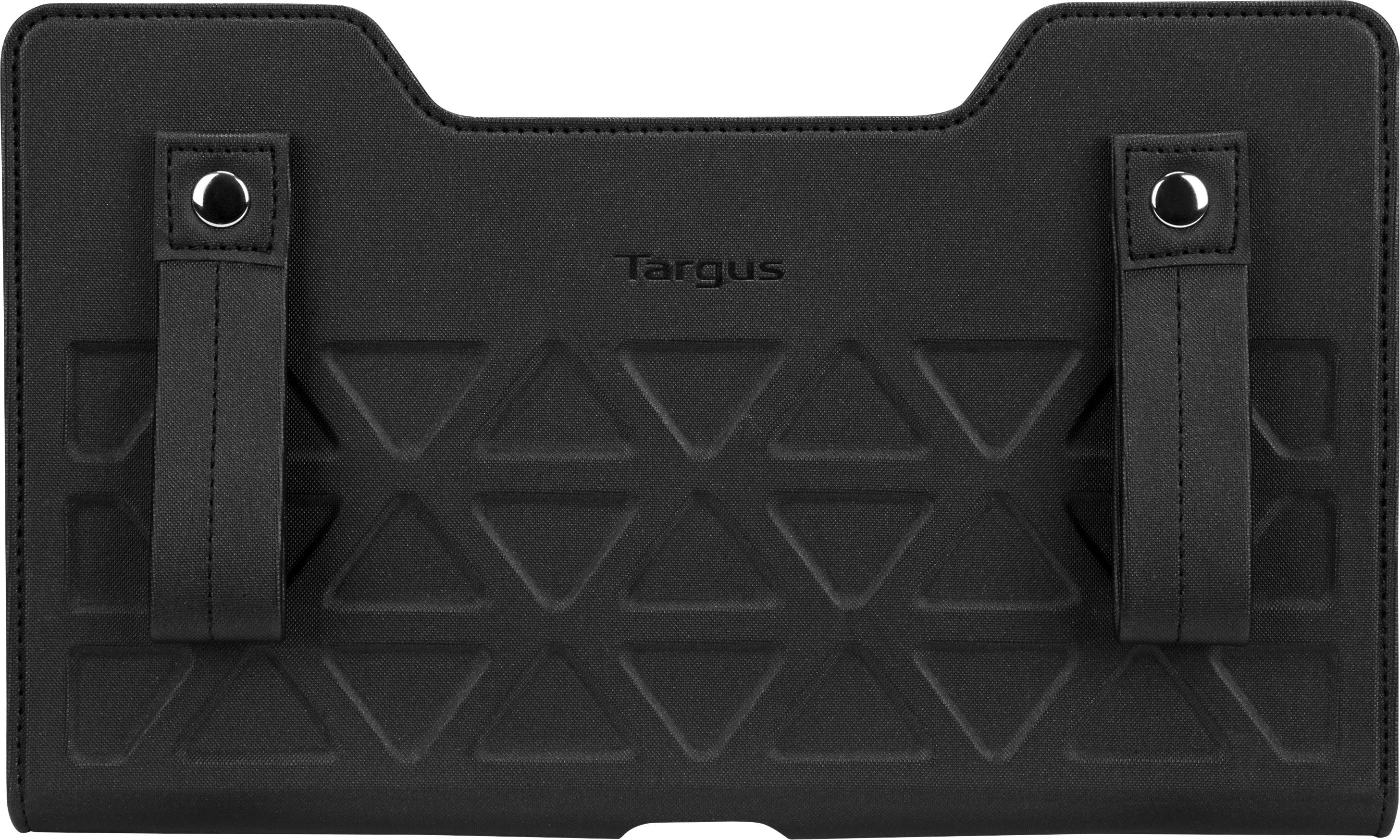Czarna obudowa z geometrycznym wzorem i dwiema klapkami. Nazwa marki 'Targus' jest wygrawerowana pośrodku.