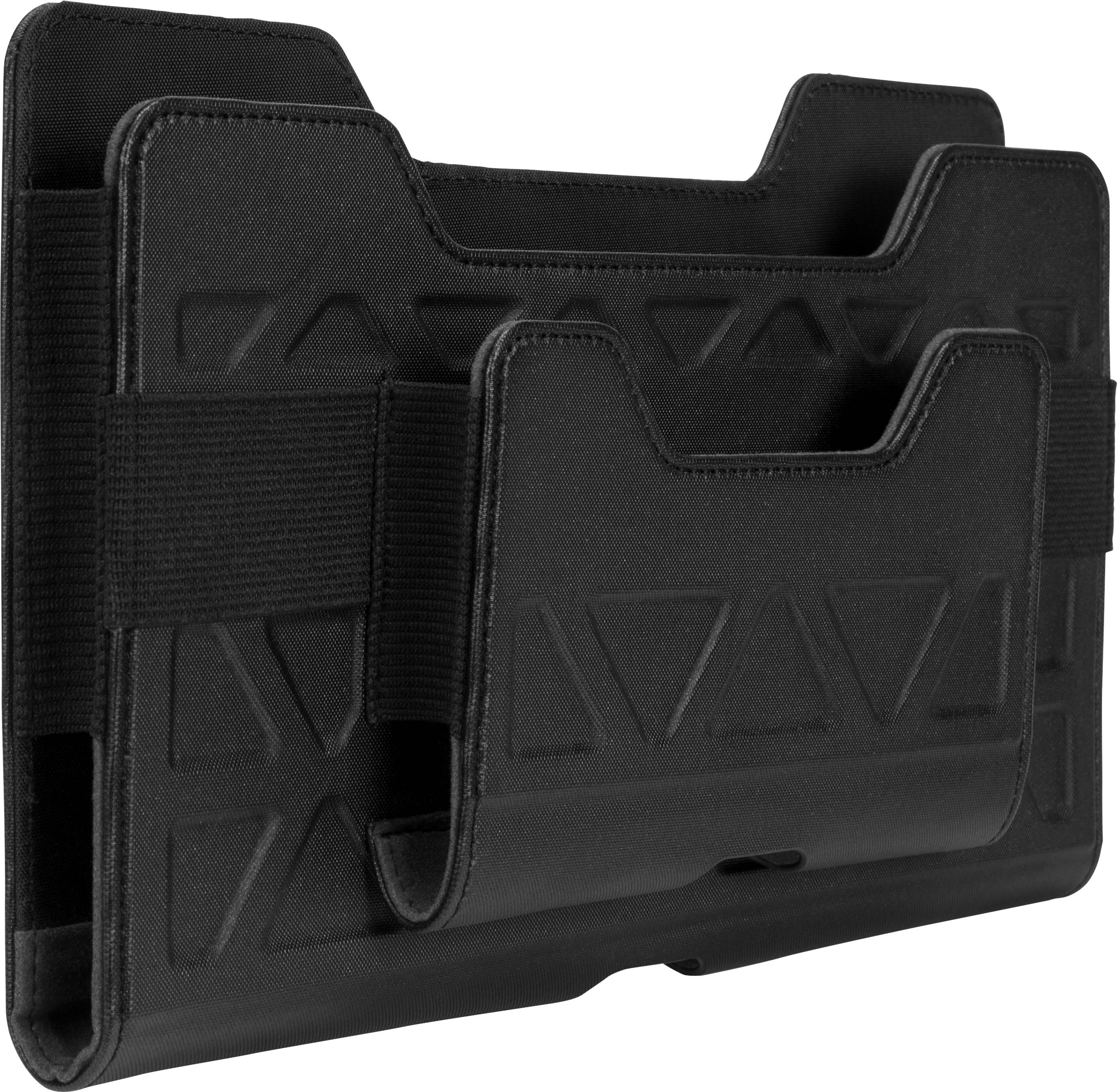 Czarna, ochronna torba z wieloma kieszenkami, odpowiednia do elektronicznych urządzeń takich jak tablety, wyposażona w elastyczne paski.