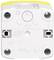 Biały element elektryczny z żółtym paskiem na górnej powierzchni i czterema otworami. Na elemencie nadrukowane są oznaczenia i symbole.