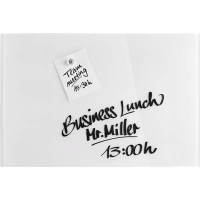 Biała tablica z dwoma notatkami: 'Spotkanie zespołu 15:30' oraz 'Lunch biznesowy z panem Millerem 13:00'.