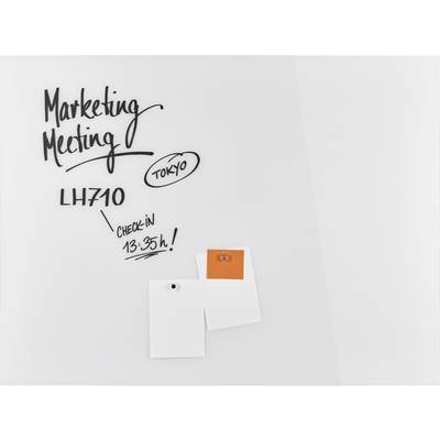 Biała ściana z ręcznie napisanym tekstem: 'Spotkanie marketingowe', 'LH710', 'Tokio', 'Zameldowanie 13:35'. Dwa puste karteczki są przypięte.