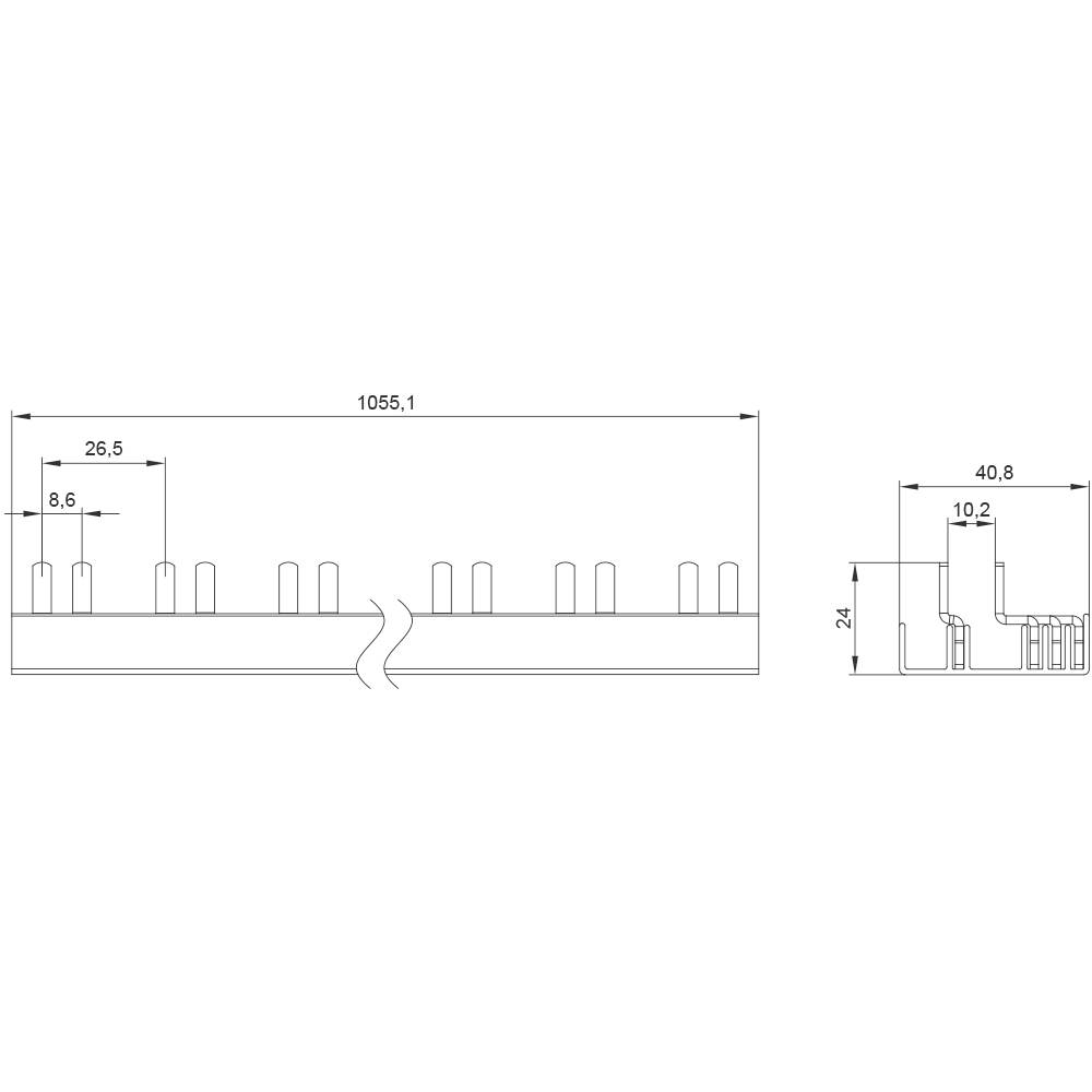 Rysunek techniczny radiatora: przedstawia wymiary 1055,1 mm długości, 26,5 mm wysokości, szerokość żeber 8,6 mm oraz inne szczegóły.