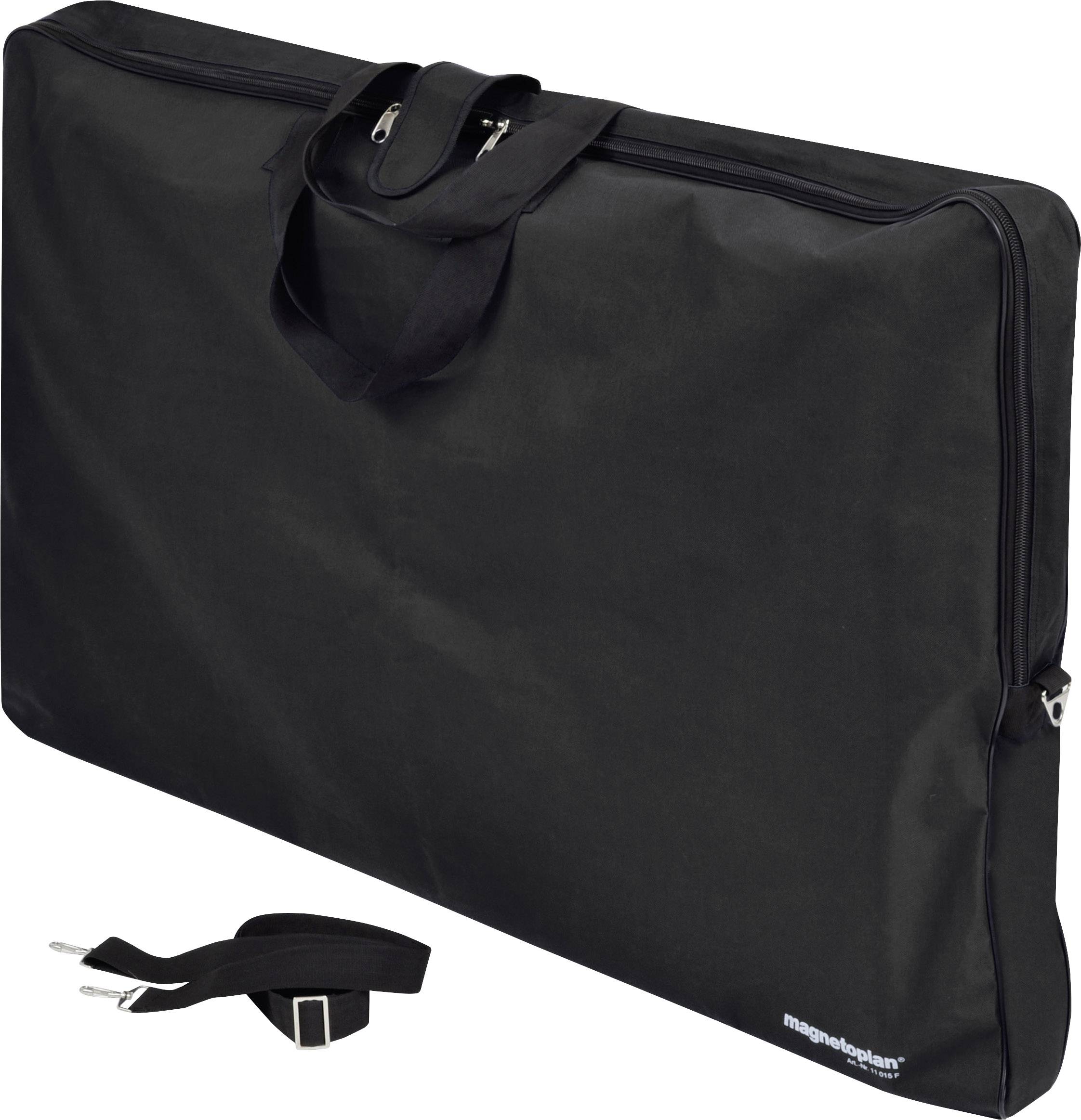 Czarna torba z zamkiem błyskawicznym i uchwytami do transportowania plakatów lub rysunków. Obok znajduje się odpinany pas na ramię.