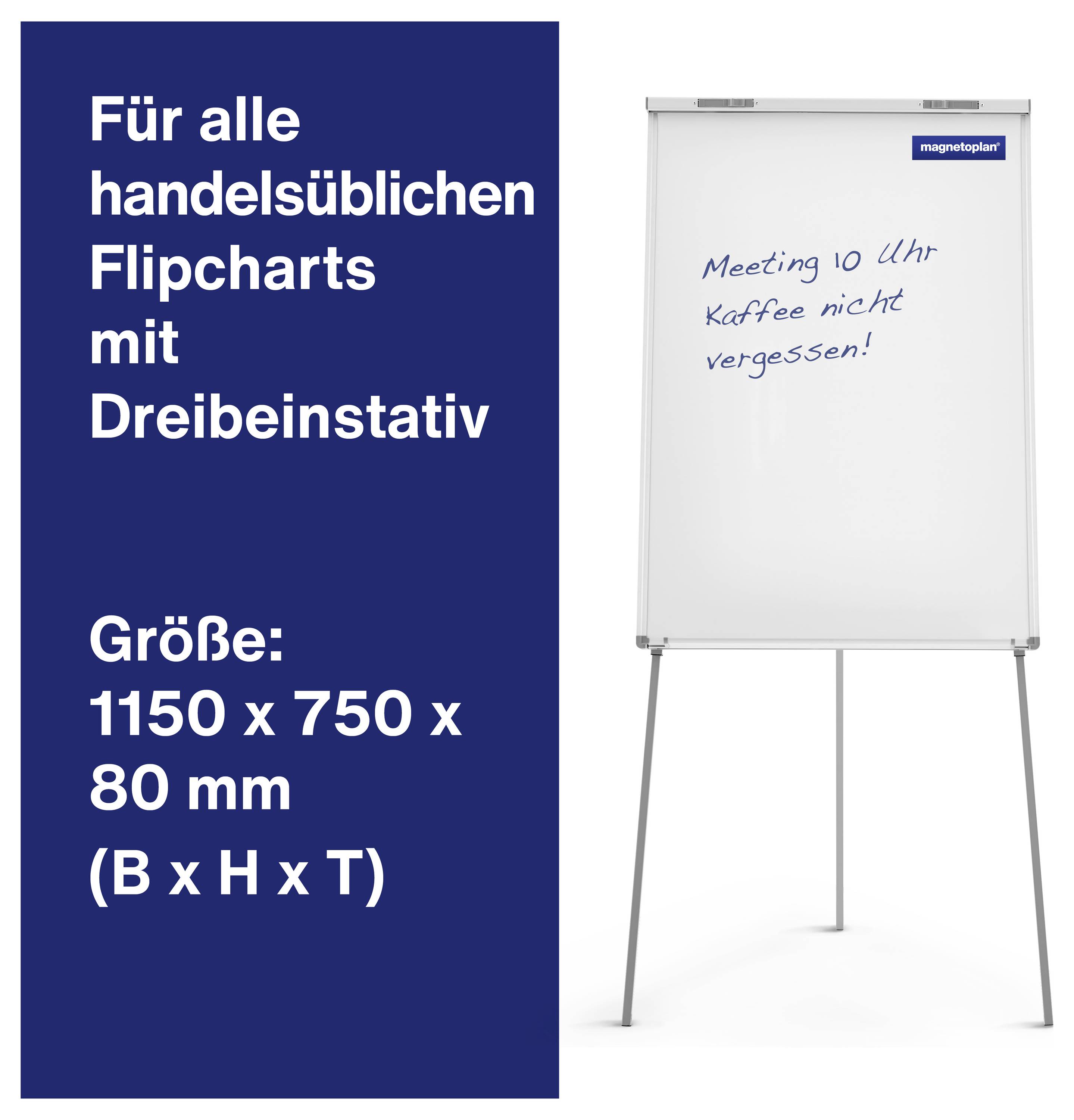 Flipchart ze statywem trójnożnym stoi po prawej stronie. Na tablicy widnieje napis: "Spotkanie o 10:00, nie zapomnij o kawie!". Po lewej stronie znajduje się informacja o rozmiarach: 1150 x 750 x 80 mm.
