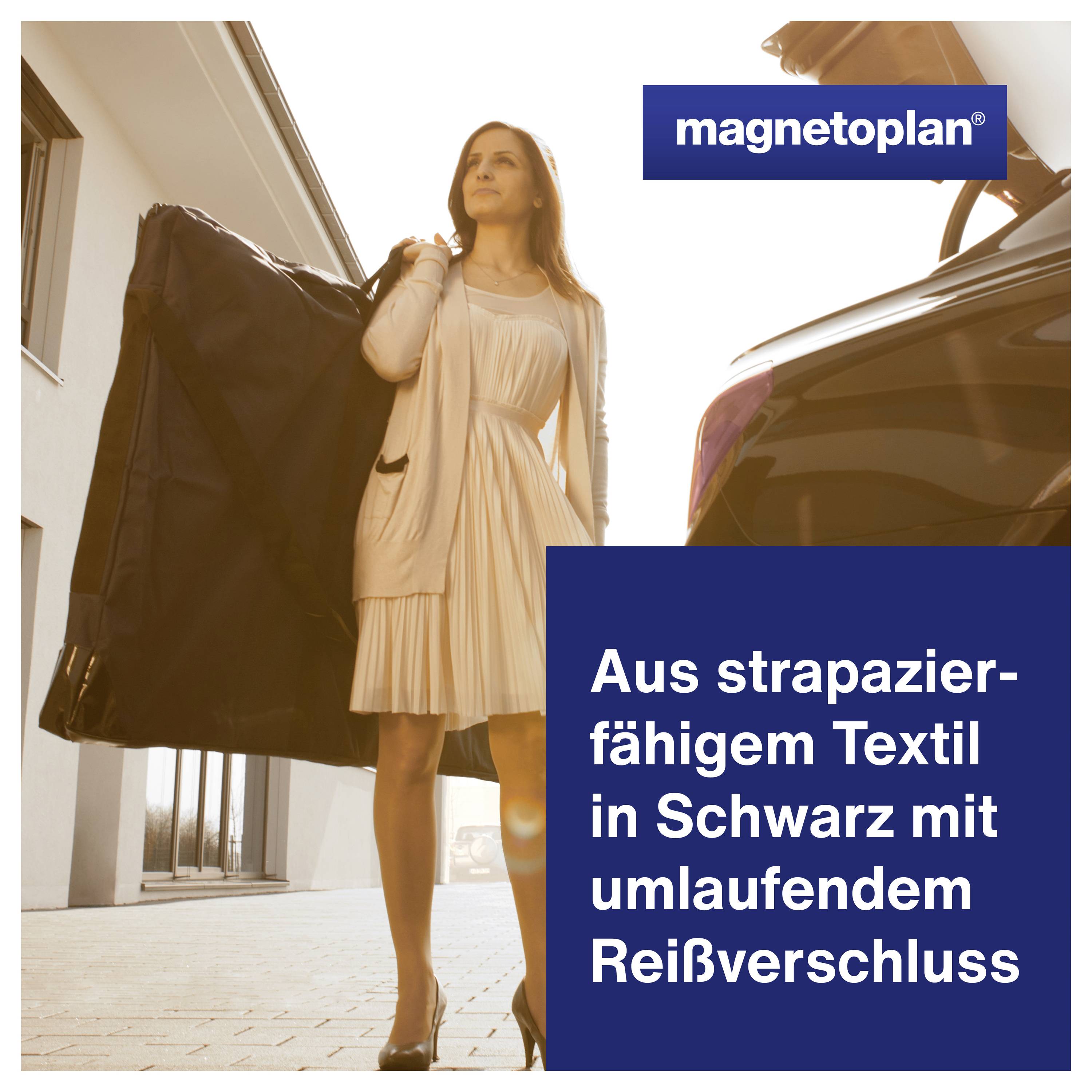 Kobieta nosi torbę, obok reklama wytrzymałego materiału tekstylnego z zamkiem błyskawicznym.