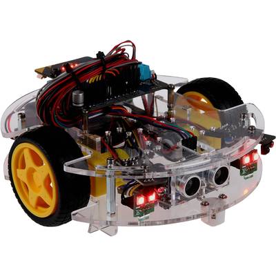 Mały, przezroczysty robot na kółkach z widocznymi obwodami elektronicznymi i kablami. Wyposażony w czujniki i diody LED.