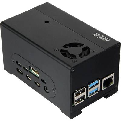 Mały, czarny komputer z wieloma portami USB, wyjściem HDMI oraz gniazdem Ethernet. Wentylator widoczny od góry.