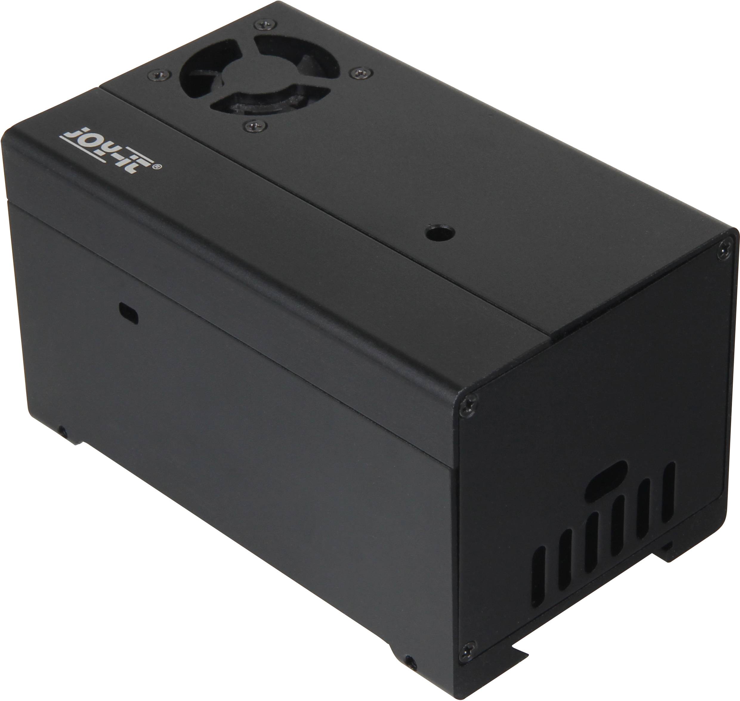 Czarne urządzenie elektroniczne z wentylatorem na górnej części i otworami wentylacyjnymi po bokach; prawdopodobnie obudowa techniczna.