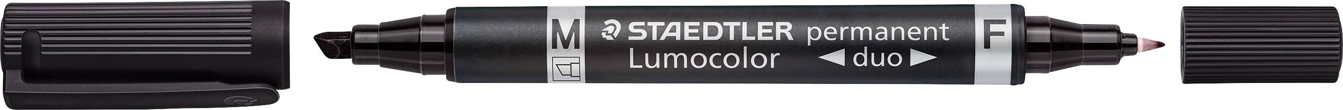 Czarny, dwustronny marker permanentny firmy Staedtler z odkręconym wieczkiem, odpowiedni do pisania na foliach i zdolny do zmycia.